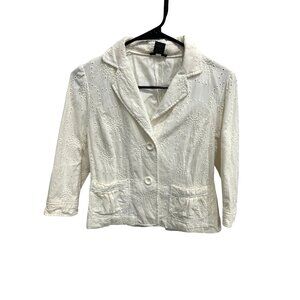 White Eyelet Cotton Three Quarter Sleeve Blazer Jacket with Button Front and Poc